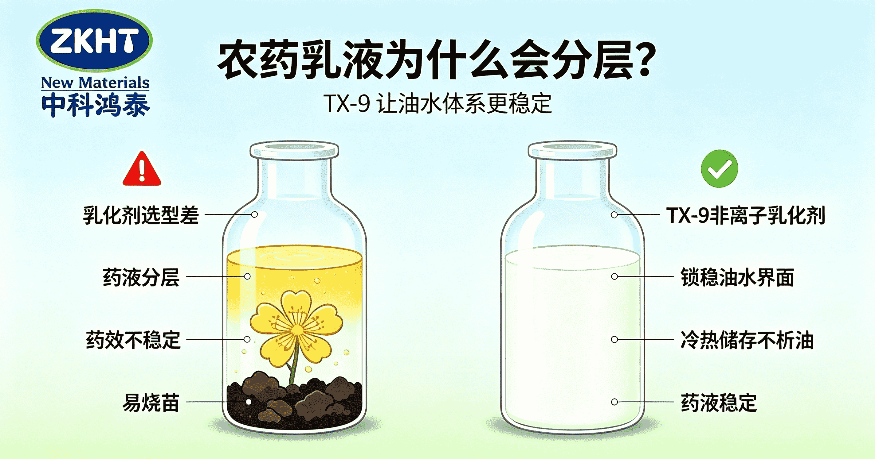 农药乳液使用乳化剂TX-9前后对比图
